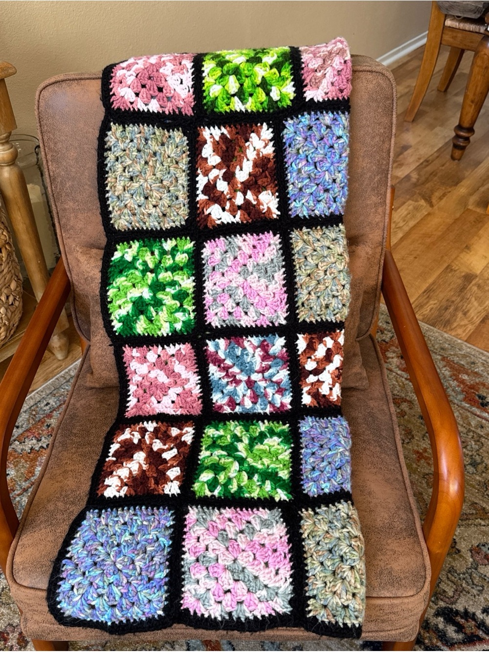 Handmade Crochet Granny Square Afghan Throw 55” x 36” Multicolor Lap Blanket